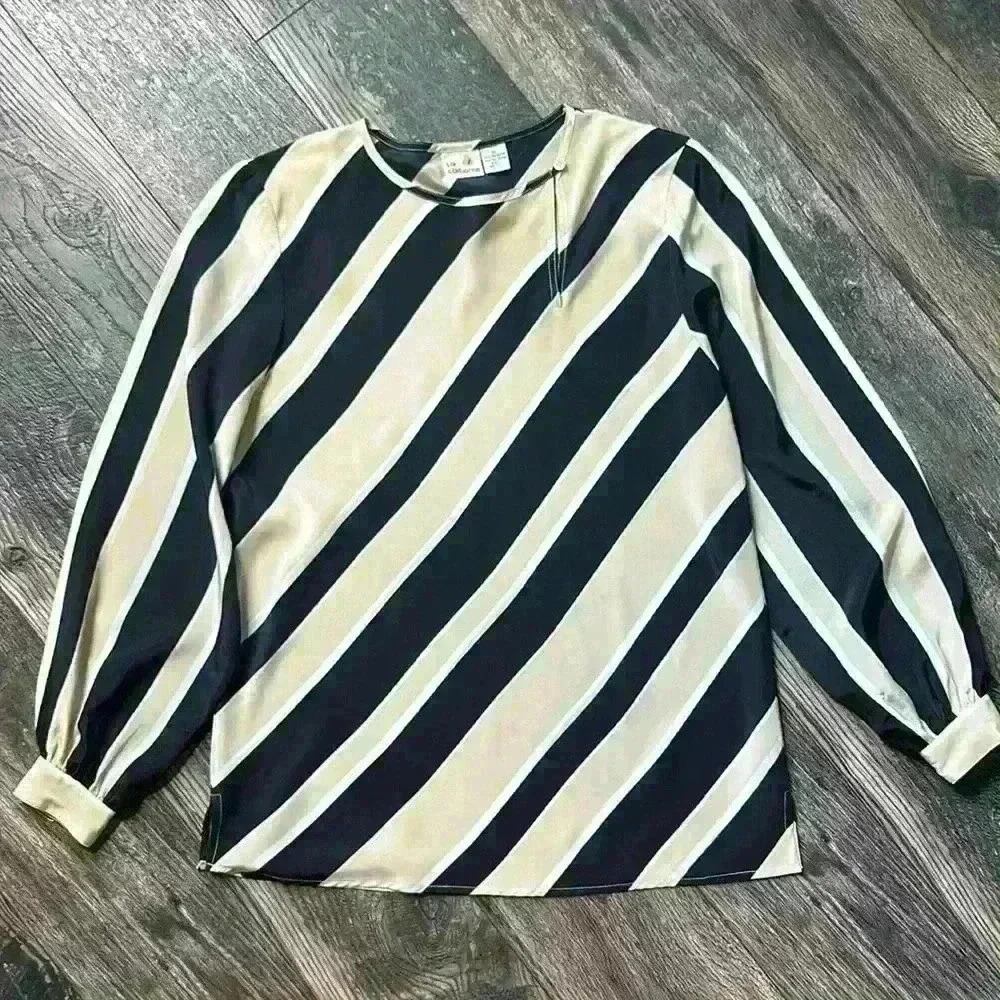 Vintage Liz Claiborne Business Women’s Blouse Black Cream Stripe